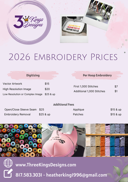 2026 Embroidery Prices